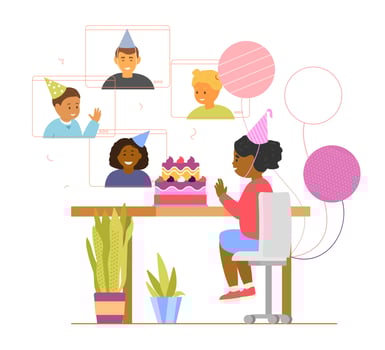 Kids Online Birthday Party. African American Birthday Girl With Cake  And Balloons Celebrates With Friends By Videoconference. Flat Vector Illustration.