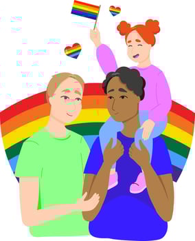 Gay family on the background of the LGBT flag. Flat vector illustration
