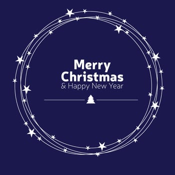 christmas greeting card scribble drawing text stars on circle on blue background vector