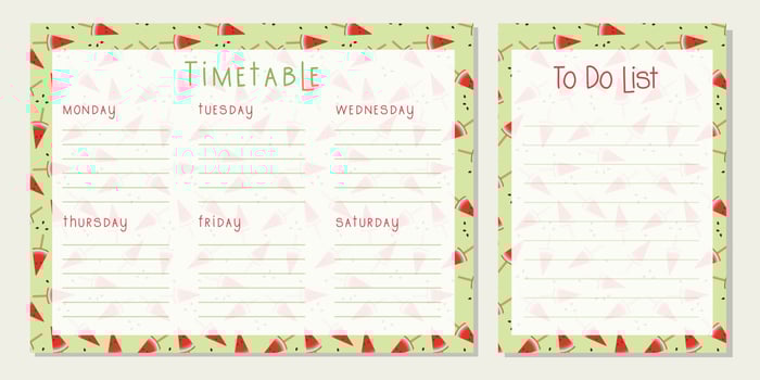 Timetable watermelon , Class schedule, weekly calendar , schedule. Organizer information template. Empty school timetable, Planning sheet planning. vector