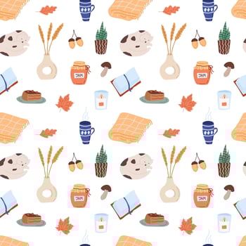 Seamless pattern cozy autumn. Flat vector illustration