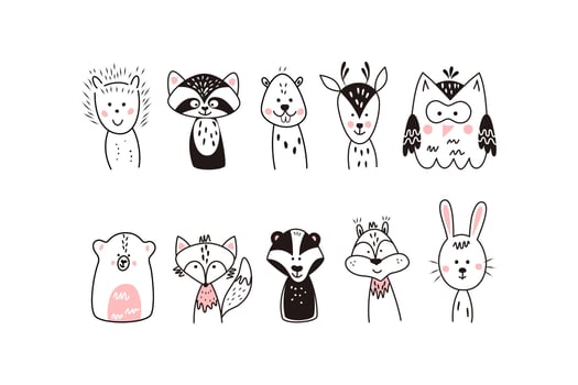Set of cute cartoon animals in minimalistic style. vector