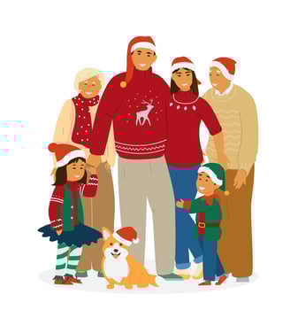 Three-generation Asian Family Portrait In Christmas Outfits vector