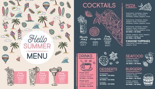 Summer menu, template design. Food flyer. Hand-drawn style. Vector illustration.