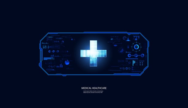 Abstract health science consist health plus and hud interface digital technology concept  modern medical on hi tech future blue background. vector