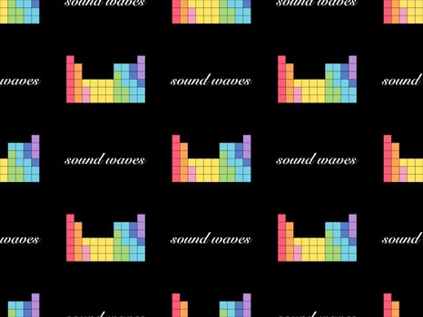 Sound waves cartoon character seamless pattern on black background. Pixel style vector