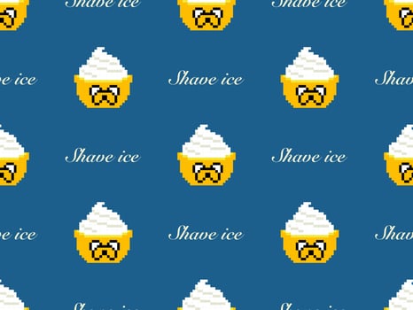 Shave ice cartoon character seamless pattern on blue background. Pixel style vector