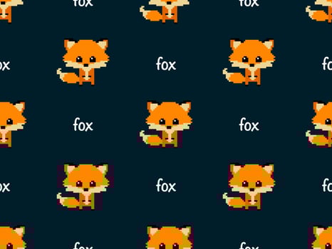 Fox cartoon character seamless pattern on black background. Pixel style vector