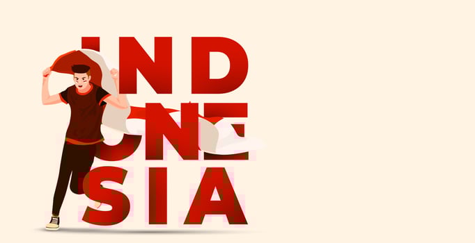 young indonesian celebrating indonesia independence day with waving flag. people flying the indonesian flag vector