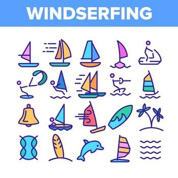 Water Skiing, Windsurfing Linear Vector Icons Set