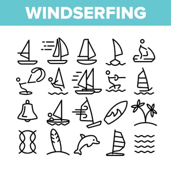 Water Skiing, Windsurfing Linear Vector Icons Set