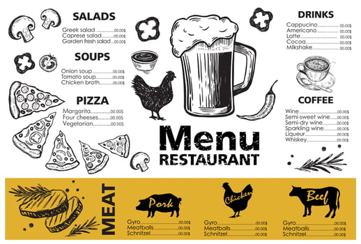 Menu template design for restaurant, sketch illustration. Vector. vector
