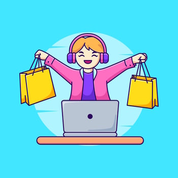 woman carrying shopping bag in front of laptop vector illustration. cartoon woman buying in online shop