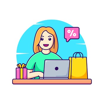woman with laptop for online shopping vector illustration. cartoon woman buying in online shop