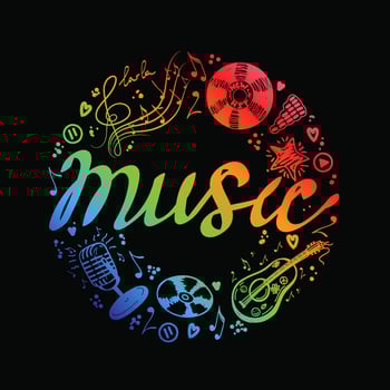 Frame with musical elements in a circle, hand-drawn in sketch style. Circle frame with hand-drawn musical lettering. Vinyl record, old microphone, etc. Rainbow elements on black background vector