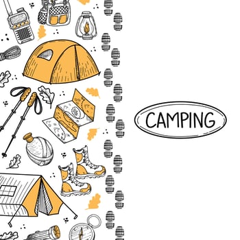 Banner with elements of hiking life on a white background. Hiking. Hiking. Camping emblem with mountains. Tents, compass, map, etc. There is an indent for text. Hand-drawn elements in a flat style vector
