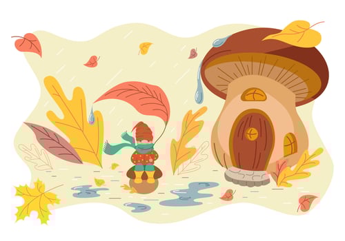 Little gnome and a mushroom house, autumn, rainy weather and yellow leaves are falling. Vector stock illustration.