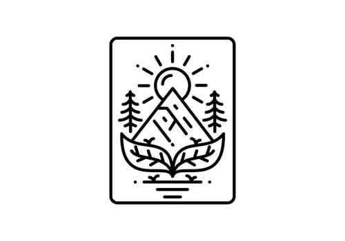 Leaf, mountain and sun line art illustration design vector