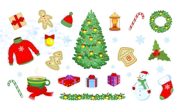 Winter New Year and Christmas set of elements isolated on white background. Festive collection for design. Vector stock illustration.