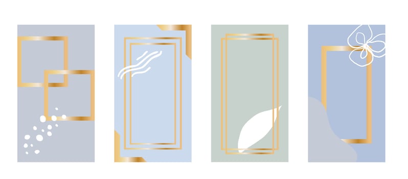 Set of 4 abstract background for social media post template. Colorful pastel with minimal gradient gold frame. vector