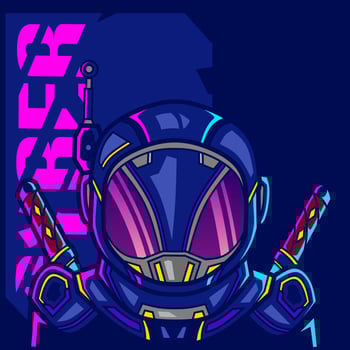 Astronaut samurai cyberpunk logo line pop art portrait fiction colorful design with dark background. Abstract vector illustration.