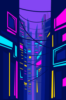 City cyberpunk neon line art design skyline with buildings, towers. Cityscape glowing lights, architecture vector illustration.