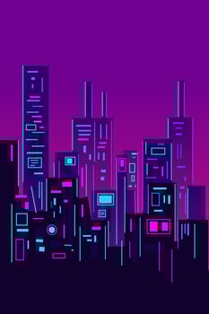 City cyberpunk neon line art design skyline with buildings, towers. Cityscape glowing lights, architecture vector illustration.