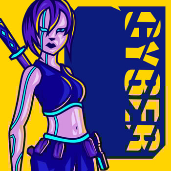 Samurai woman cyberpunk logo line pop art portrait fiction colorful design with dark background. Abstract vector illustration.