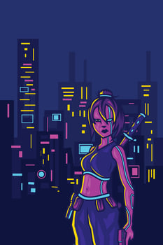 Samurai woman cyberpunk logo line pop art portrait fiction colorful design with dark background. Abstract vector illustration.