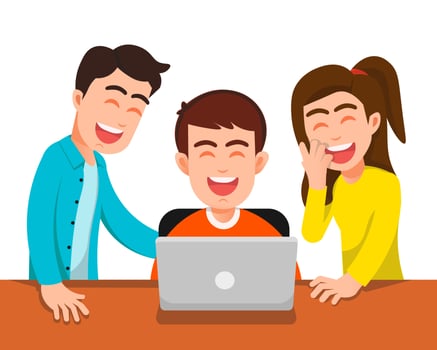 teenagers laughing together while looking at laptop vector