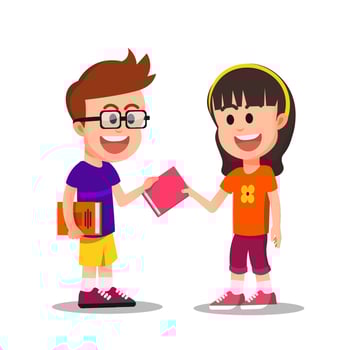 boy with glasses lends a book to his friend vector