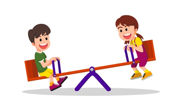 Cute kids playing seesaw together happily vector