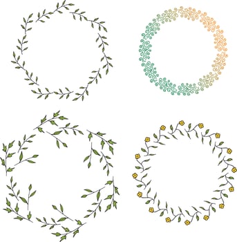 Four round frames made of green branches and different multicolor decorative elements. Wreaths on white background for your design vector