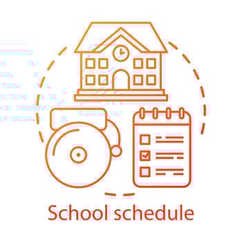 School schedule organization concept icon. Educational plan idea thin line illustration. Schoolhouse, bell and notepad with notes vector isolated outline drawing. Student time management