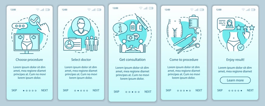 Physician office visit onboarding mobile app page screen vector template. Doctor consultation. Procedure. Walkthrough website steps with linear illustrations. UX, UI, GUI smartphone interface concept