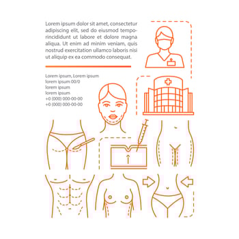 Surgery center services article page vector template. Brochure, magazine, booklet design element with linear icons and text boxes. Print design. Concept illustrations with text space