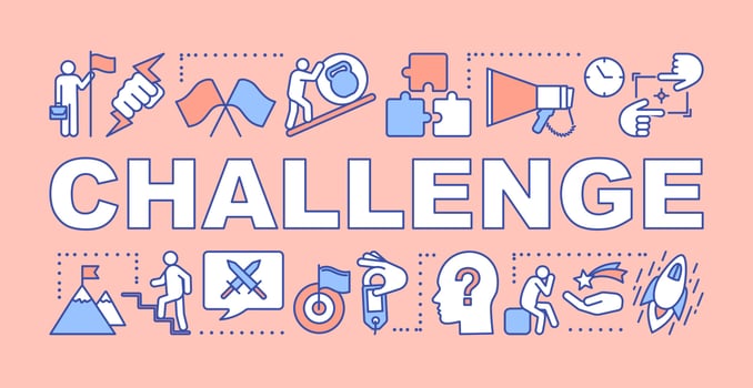 Challenge salmon word concepts banner. Goal achievement, success, battle winning. Ambition, motivation. Presentation, website. Isolated typography idea with linear icons. Vector outline illustration