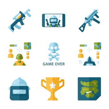 Online game inventory flat design long shadow color icons set. Esports. Weapon, gun, 3d and from first person shooter, game over, map, trophy, helmet, mobile game. Vector silhouette illustrations