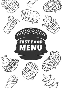 Fast food menu cover template. Sausages, burger. Isolated lettering typography idea with linear icons. Vector concept illustrations. Restaurant, cafe poster, flyer, brochure page layout