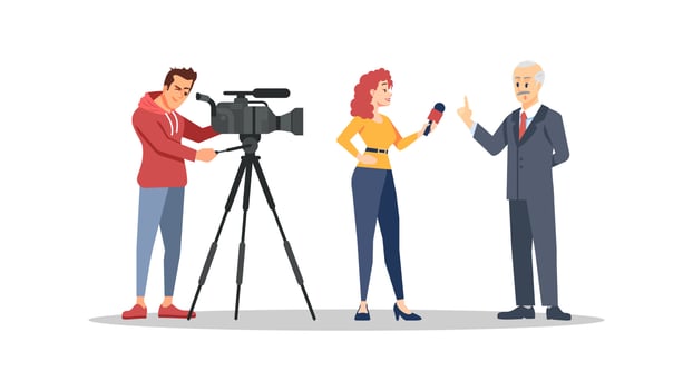 Journalist interviewing politician flat vector illustration. Video operator, correspondent and famous person cartoon characters. Mass media, press, TV industry concept. Reporter and cameraman working