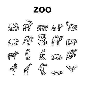 Zoo Animals, Birds And Snakes Icons Set Vector