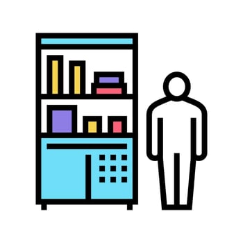 drugstore worker showcase with pills color icon vector illustration