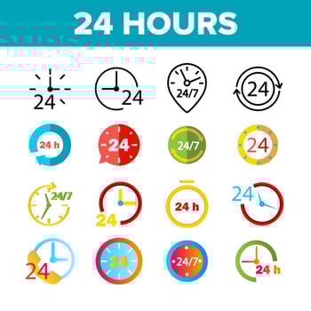 24 Hours, Clock, Time Vector Color Icons Set