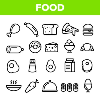 Food Line Icon Set Vector. Home Kitchen Breakfast Food Icons. Menu Pictogram. Fesh Eating Element. Thin Outline Web Illustration vector