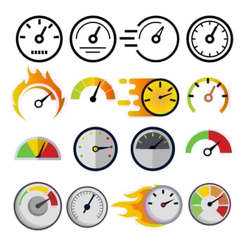 Speedometer Icon Set Vector. Speed Symbol. Auto Power. Automobile Interface. Transportation Element. Fast Indicator. Measure Progress Km Sign. Line, Flat Illustration vector