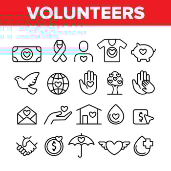 Volunteers, Charity Vector Thin Line Icons Set