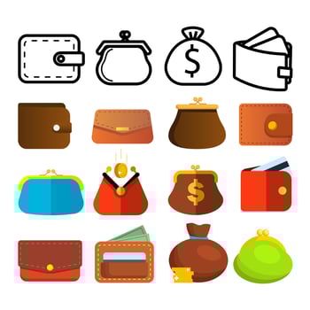 Wallet Icon Set Vector. Money Symbol. Purse Wallet Bag. Payment Sign. Finance Currency Design. Financial Market Object. Reatail Safe. Commerce Credit Pay. Line, Flat Illustration vector