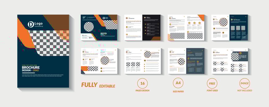 Orange and black 16 page company brochure template vector