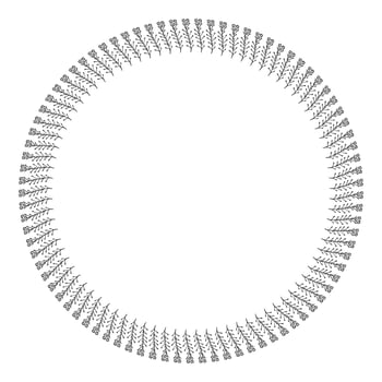 Round frame with vertical black-and-white meadow plants on white background. Isolated floral frame for your design. Vector image.