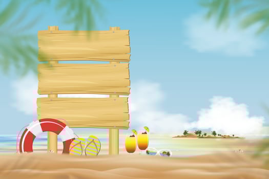 Summer holiday background with wooden signboard on tropical beach with blurry palm leaves on border.Vector banner seaside view on ocean with cocktail, sunglass, sandal on sand in sunny day morning vector